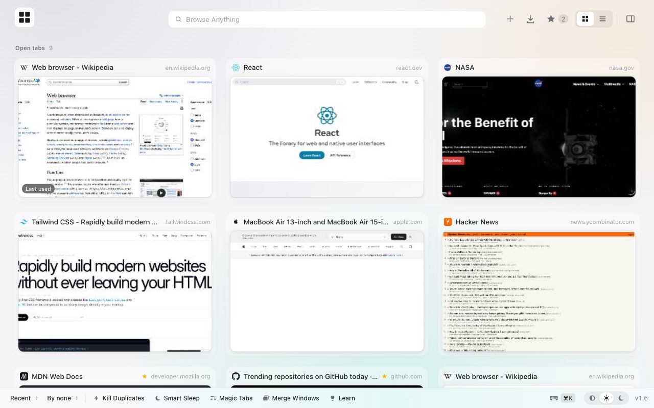 Tabie card view showing open tabs as cards with page previews