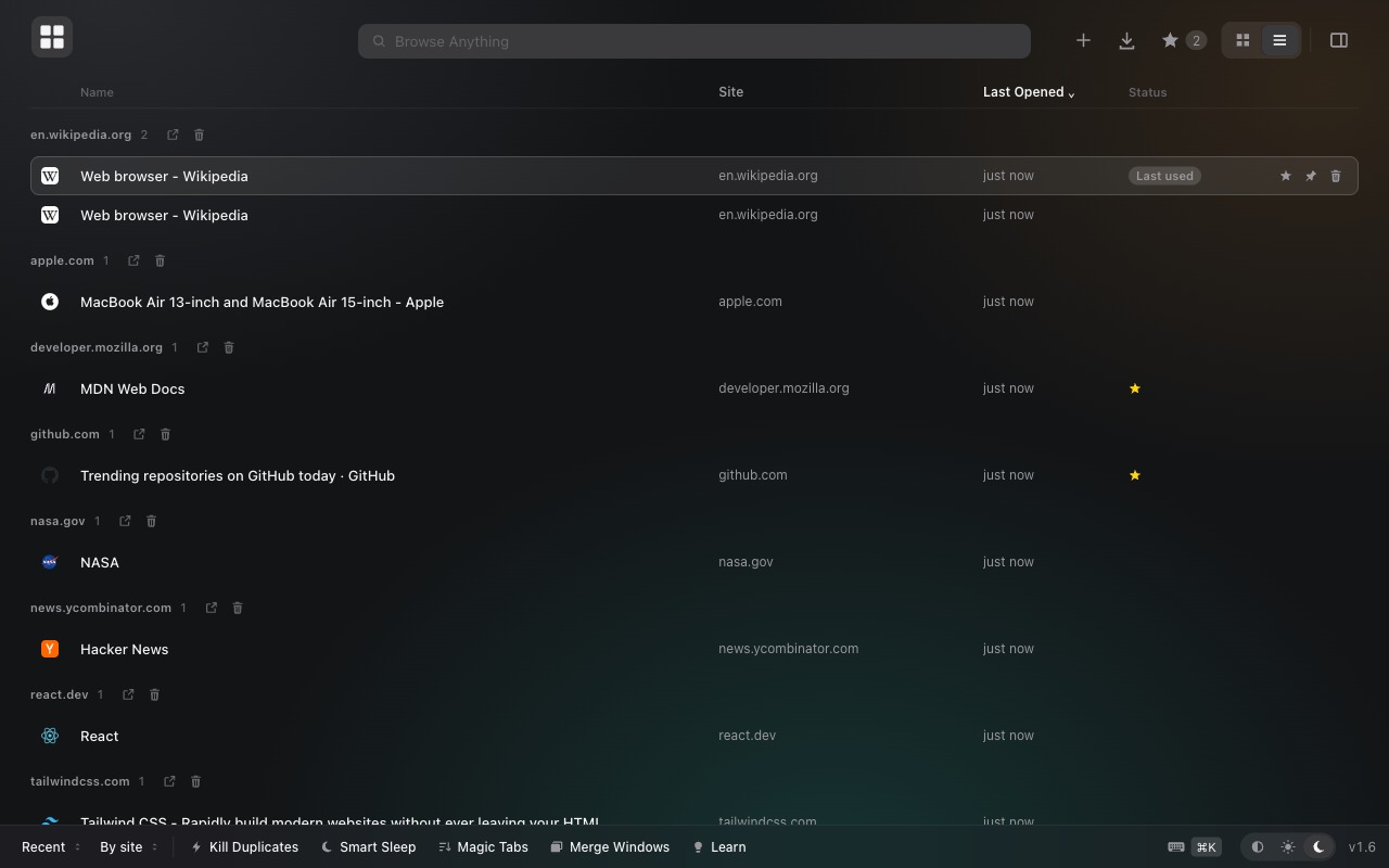 Tabie list view in dark mode, grouped by site