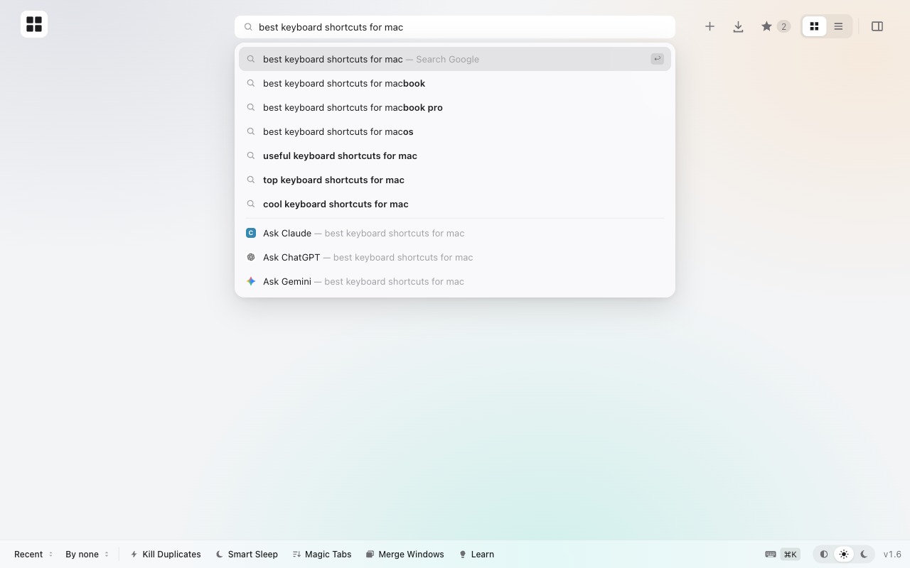 Tabie search with Google suggestions and Ask Claude, ChatGPT and Gemini